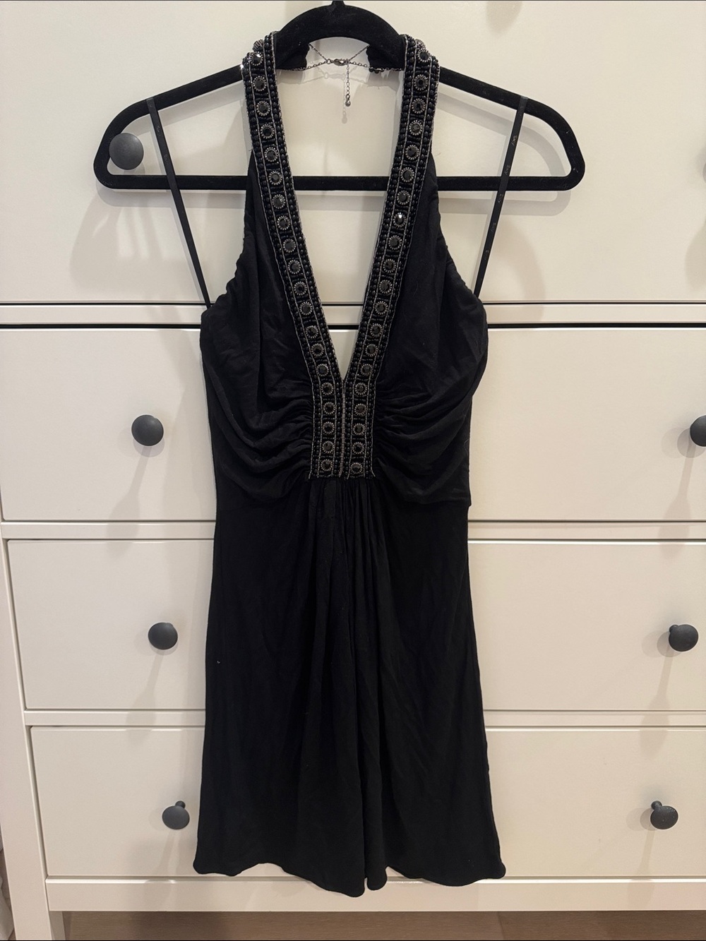 Sky Vintage Y2K Black Halter Embellished Plunging Deep V Neckline Dress Small S